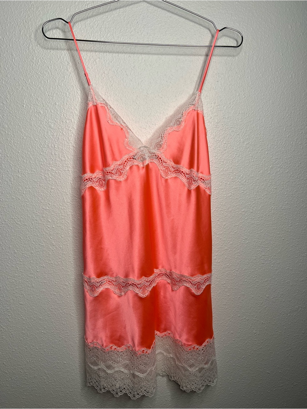 PINK Victoria's Secret Coral Satin Slip with Cream Lace Trim